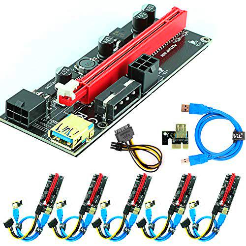 Ubit 6PCS, PCI-E Riser Express de 16x hasta 1x (dos de 6 pines + Molex) con ampliación de tarjeta gráfica y LED