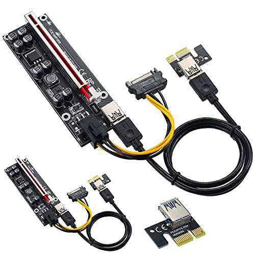 MZHOU PCIE Riser 1X to 16X Riser Card - GPU Riser Card with 8 Solid Capacitors and 60cm USB 3.0 Cable and 6-Pin Power Cable for Bitcoin Mining (VER009S Plus 2 Pack)