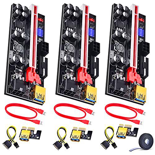 ELUTENG 6Pin Dobles PCIe Riser 1x a 16x GPU Riser Board con 8 Capacitores Sólidos Indicador LED Cable USB 3.0 de 60 cm Cable SATA de 6 Pines a 15 Pines para minería Ethereum Bitcoin Eth BTC