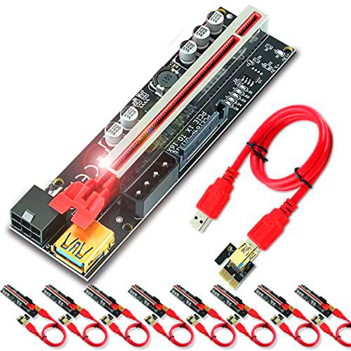 PCI-E Riser, Ubit 6 PIN PCI-E 1x a 16x Powered Riser Adapter Card con 60cm Cable de extensión USB 3.0 y Molex a SATA Cable de alimentación para minería Bitcoin Litecoin ETH Coin (6 paquete)