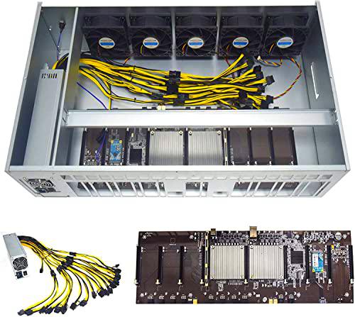 9GPU Bitcoin Miner: Case Crypto Ethereum Miner con Placa Base y 5 Ventiladores Máquina de Criptomonedas con SSD/RAM/CPU y Hive OS Preinstalado (sin GPU)