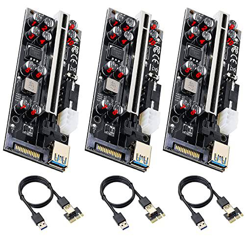 ACTIMED Tarjeta PCIE Riser 3PCS, GPU Riser Express de 16x a 1x (6PIN/MOLEX/SATA) con 10 condensadores