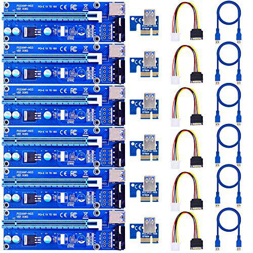 LEAGY 6-Pack PCIe PCI-E 16x to 1x Powered Riser Adapter Card w/ 60cm USB 3.0 Extension Cable &amp; MOLEX to SATA Power Cable