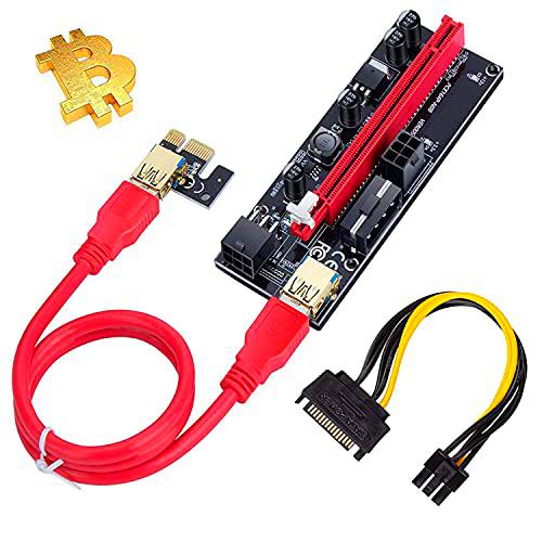 Agaou Pci-e Riser Card Express Cable 1X a 16X Gráficos Extensión Cable Ethereum ETH Mining Powered Riser Adapter Card+6Pin SATA Cable de Alimentación+60cm USB 3.0 Cable de Extensión (VER009S)