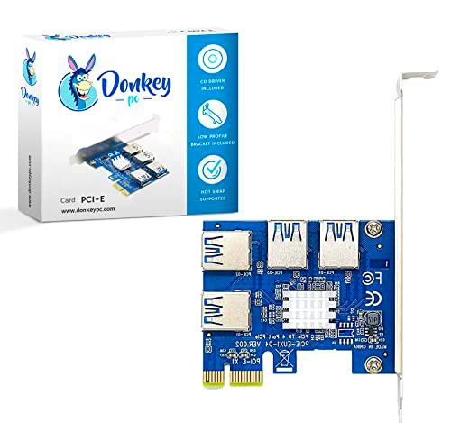 Donkey pc PCI-Express 16X Tarjeta Riser Card, Multi Puertos PCI-E 1X a 4 USB 3.0 Tarjeta Bitcoin GPU Riser