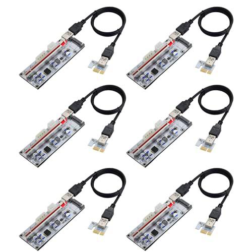 YABOANG PCIE Riser 1x a 16x Expansión Gráfica para Bitcoin GPU Mining Powered Riser Tarjeta Adaptador 8 condensadores fijos 3 opciones de alimentación (6PIN/SATA/4PIN) 2ft Cable USB 3.0 Paquete de 6